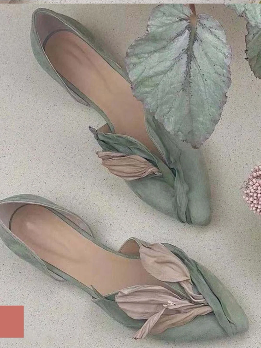 Floral Appliqué Pointed Toe Flats in Pink and Sage